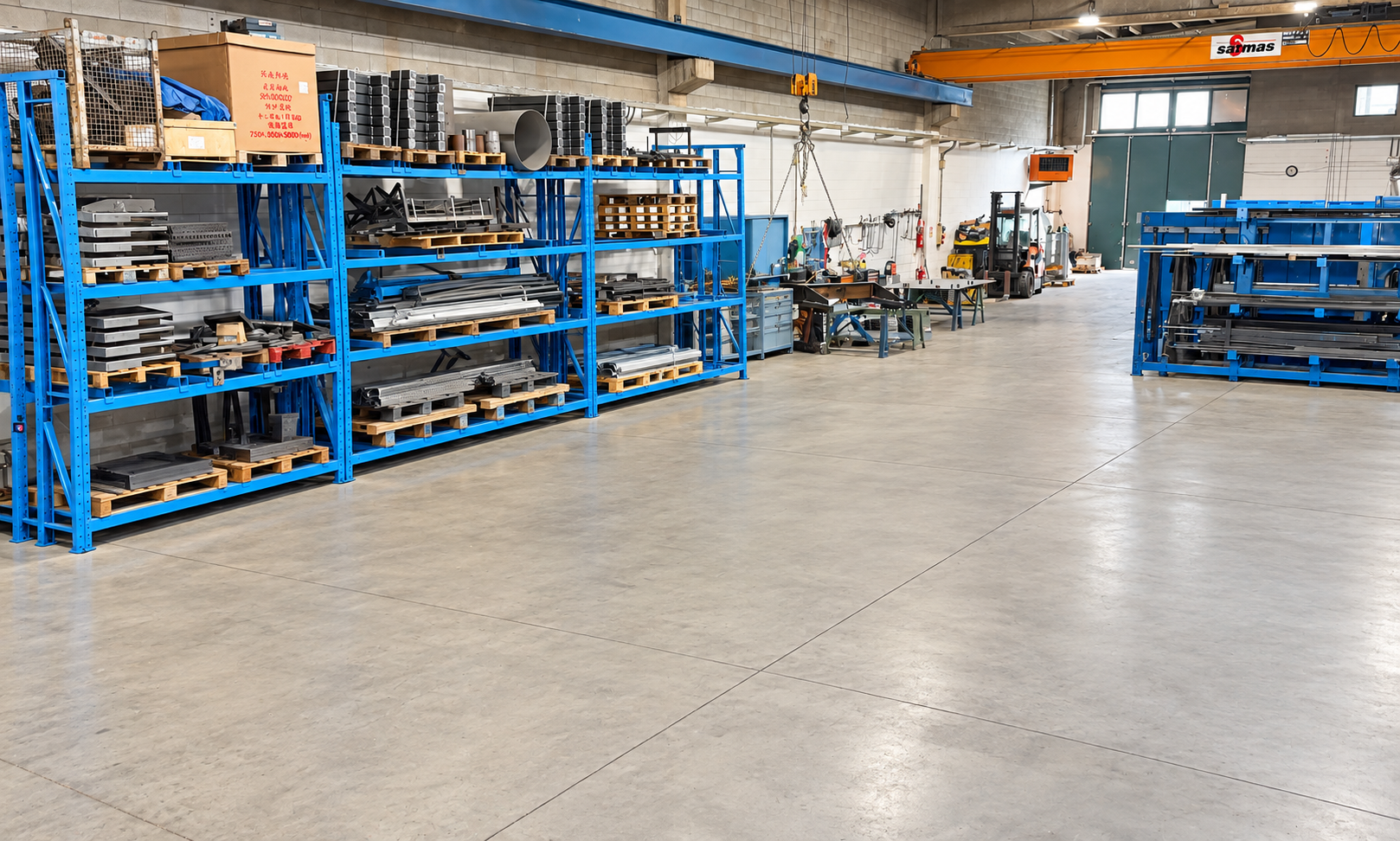 Area di montaggio industriale con strutture e componenti metallici