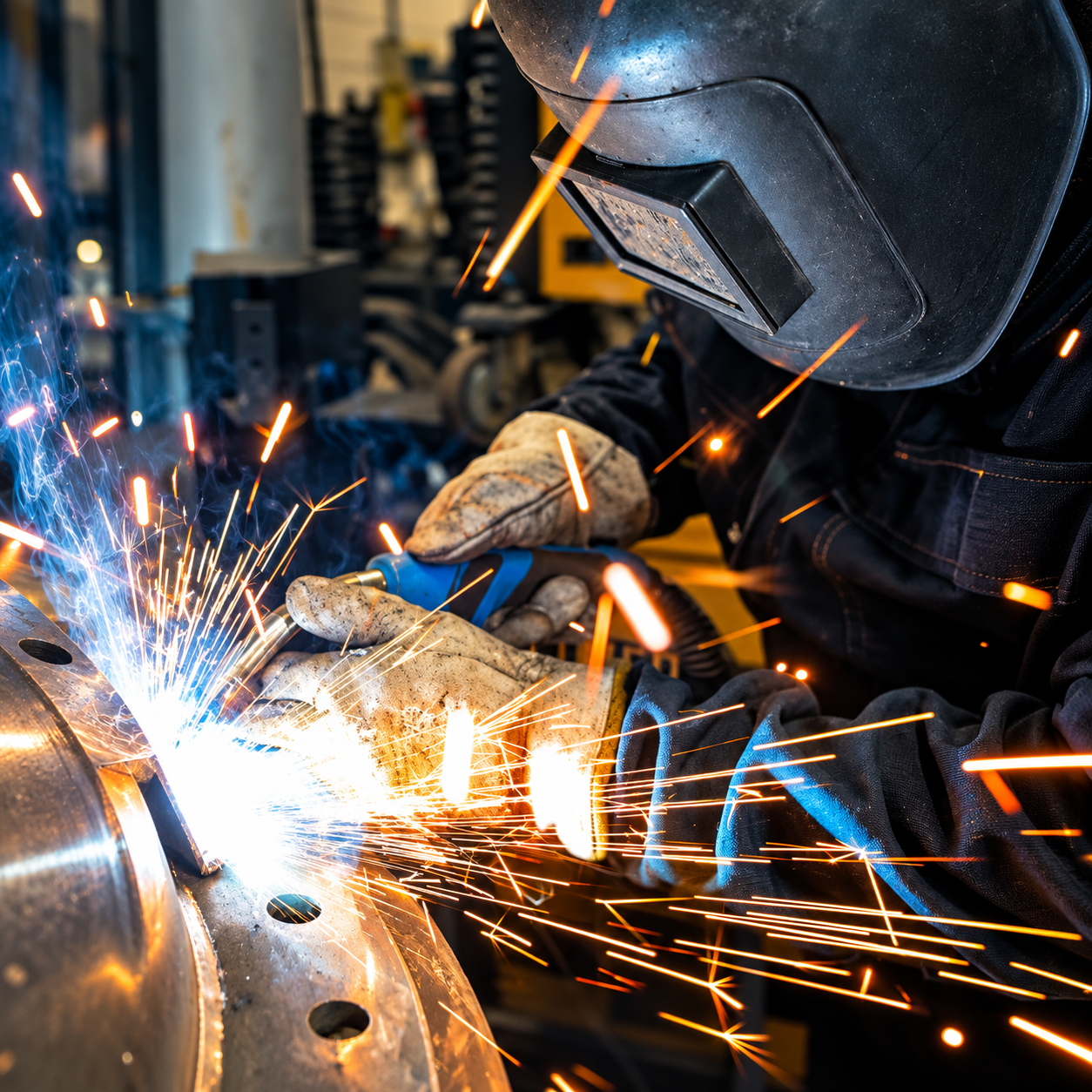 Operatore durante una lavorazione di saldatura industriale