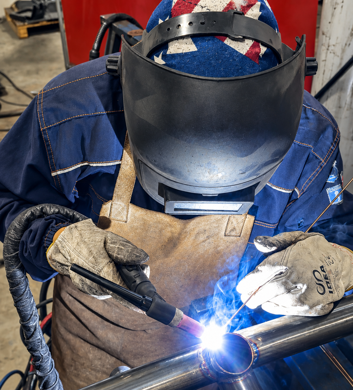 Operatore durante una lavorazione di saldatura TIG su componente metallico